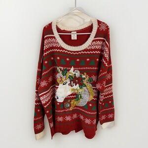 Holiday Classics Christmas Sweater  Red Unicorn Snowflake Sequins Long Sleeve 4X
